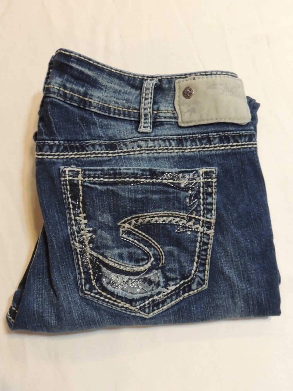 Silver Suki Jeans Mid Slim Boot Fluid Denim Woman 32/33 Distressed Pockets Jeans